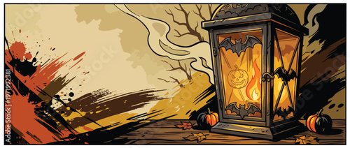 Halloween Lantern with Spooky Details and Pumpkins