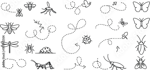 Insect Doodle Set with Flying Path Lines Featuring Bee, Butterfly, Dragonfly, Ladybug and Ant for Kids Illustration, Educational Design and Nature Sketch Collection