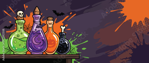 Halloween Magic Potion Bottles on Spooky Background with Spiders and Bats