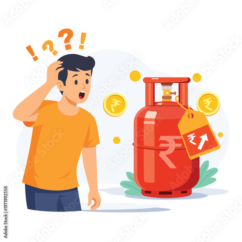Confused person looking at LPG cylinder with rupee coins and rising price tag representing fuel cost increase