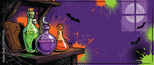 Halloween Magic Potions Book and Bottles on Shelf with Bats and Moon