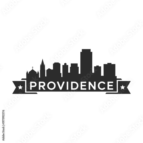 Providence skyline illustration with a decorative ribbon banner below