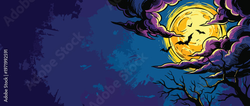 Halloween Moonlit Night with Eerie Clouds and Flying Bats Vector Graphic