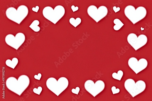 a red background with white hearts flying in the air