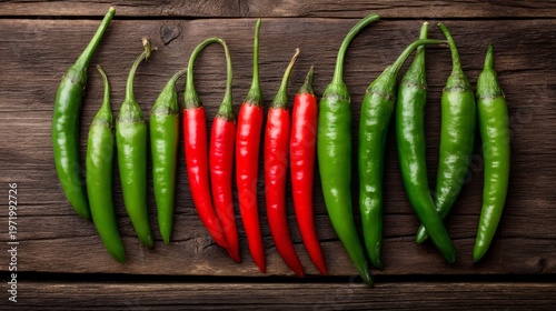 Fresh Green and Red Chili Peppers on Rustic Wooden Background
