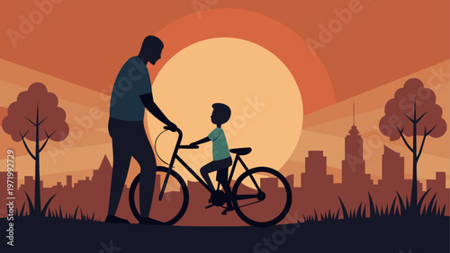 Father helping son learn to ride a bike in the park