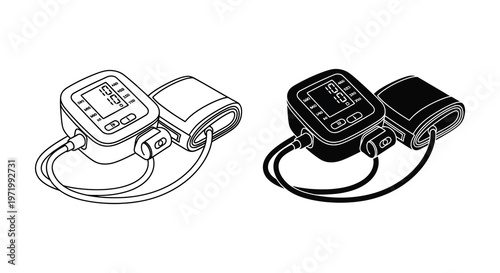 Two blood pressure monitors depicted in black and white linear silhouette