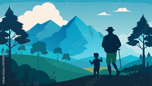 Man and child looking at mountains