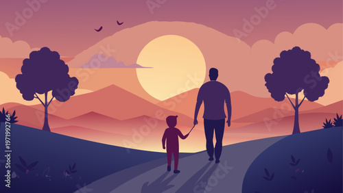 Father and son walking on a path at sunset