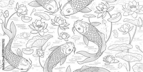 Koi Fish and Lotus Flower Seamless Pattern in Line Art Style for Coloring Page, Asian Inspired Design, Tattoo Art and Decorative Background
