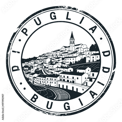 A vintage style stamp depicting a hilltop town in Puglia Italy