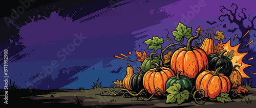 Halloween Pumpkins with Comic Burst Accents and Spooky Mood on Dark Purple