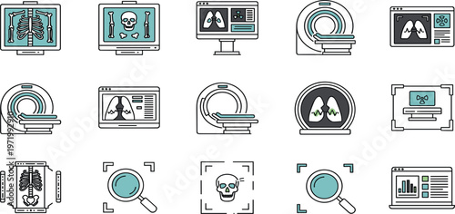 Medical Imaging Icon Set with X Ray, MRI, CT Scan, Radiology Equipment and Diagnostic Screens for Healthcare Design, Hospital Apps and Technology Graphics