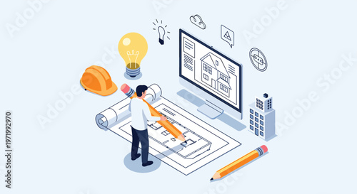 Architect designing a house blueprint on a large paper next to a computer screen showing a 3d building model for construction.