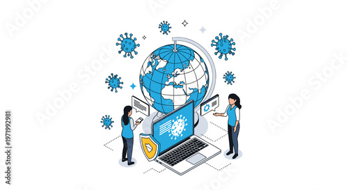Healthcare experts analyzing global virus data with a globe and laptop for pandemic monitoring and medical security research.