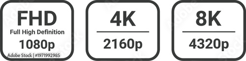 Vector graphic icons comparing resolution standards FHD 4K and 8K