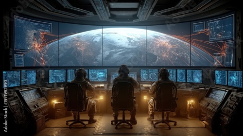 Three people monitor global digital networks and data streams in a high-tech control room with a large Earth display and multiple screens.