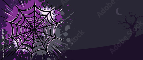 Halloween Spider Web with Comic Burst Accents and Spooky Night Setting