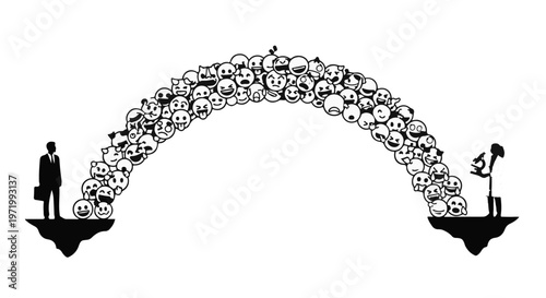 Diverse emotions connect two individuals across a symbolic bridge of faces