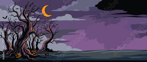 Halloween Spooky Twisted Trees with Jack O Lanterns and Bats at Night