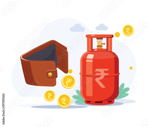 Red LPG cylinder with rupee symbol beside wallet and coins representing household fuel expenses
