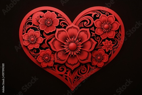 A red heart with a floral pattern on it