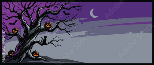 Halloween Tree with Pumpkins Black Cat and Bats on a Spooky Night