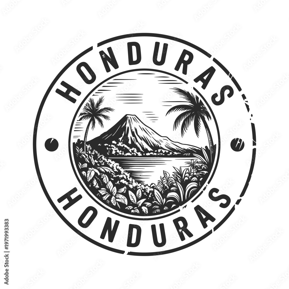Obraz premium Vintage circular badge featuring honduras landscape and tropical vegetation