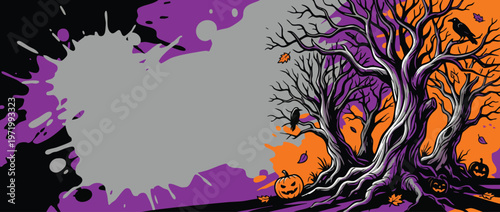 Halloween Twisted Trees with Pumpkins Crows and Splattered Background