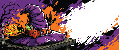 Halloween Witch Hat with Pumpkins and Potions on a Wooden Surface