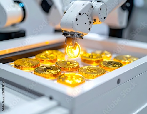 Robotic arm placing golden coins in tray with illuminated backdrop