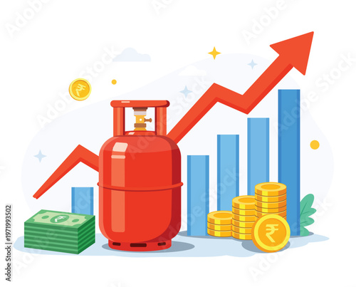 Red gas cylinder with rupee coins currency notes and upward arrow bar graph representing rising fuel prices