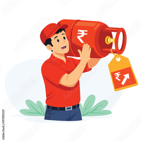 Person holding LPG cylinder with rupee symbol and price tag showing rising fuel cost