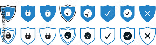 Security shield icon set, professional vector illustration of protection and safety symbols. check mark, and lock signs, ideal for cybersecurity, Professional guard and safety icons
