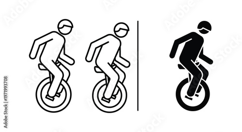 Three depictions of a person riding a unicycle showcasing stylistic variation silhouette