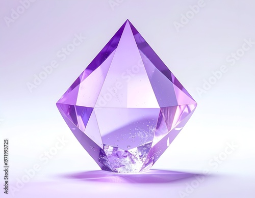 A clear, multi-faceted purple crystal prism on a soft gradient