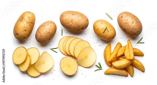 Fresh potatoes in various cuts on white background for culinary concepts
