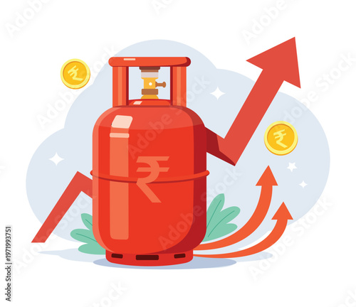 Red LPG cylinder with rupee coins and upward arrows representing rising fuel costs