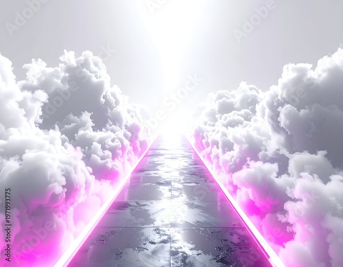 A pathway of clouds, pink lights lead to a bright, ethereal glow