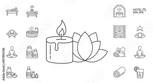 Spa and Wellness Icons: Candle, Lotus Flower, Massage Bed, Oils, Hot Tub