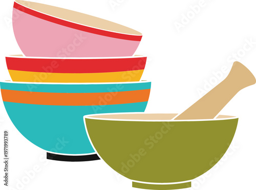 Colorful Mixing Bowls and Wooden Pestle Set for Kitchen and Cooking Illustration Designs