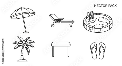 Summer Vacation Icons: Beach Umbrella, Lounge Chair, Pool, Palm Tree, Table, Flip-flops