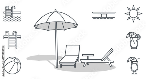 Summer Vacation Icons: Pool, Beach Chair, Umbrella, Cocktails, Sun