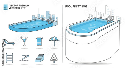 Swimming Pool Icons and Infinity Pool Illustration - Vector Set