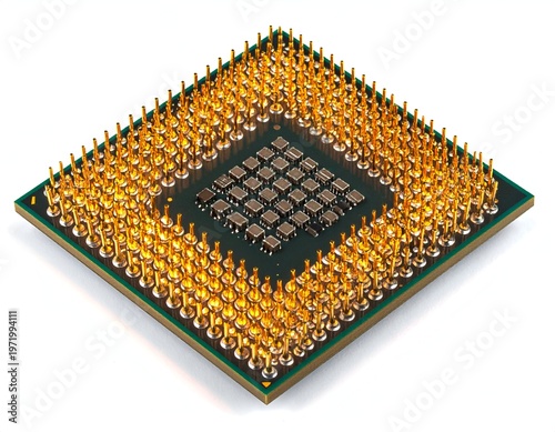 Close-up of a central processing unit (CPU) chip with golden pins