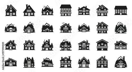 Vector Set of Cozy Houses and Cabins with Mountains and Trees Icons