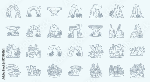 Vector Set of Rock Formations, Coral Reefs, Arches, and Stone Structures