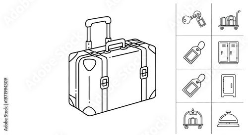 Vintage suitcase with travel icons: luggage, cart, key, locker, bell