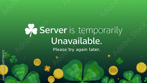 A vector graphic illustration of a server error message with shamrocks and coins
