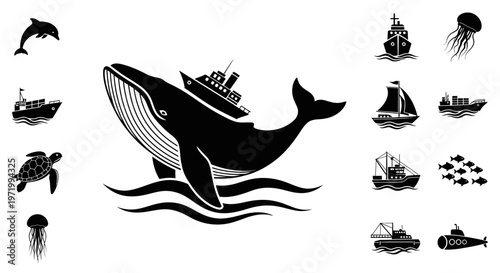 Whale Carrying Ship, Ocean Wildlife and Nautical Vessels Icons